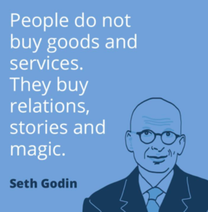 quote graphic of Seth Godin  people buy relations stories and magic